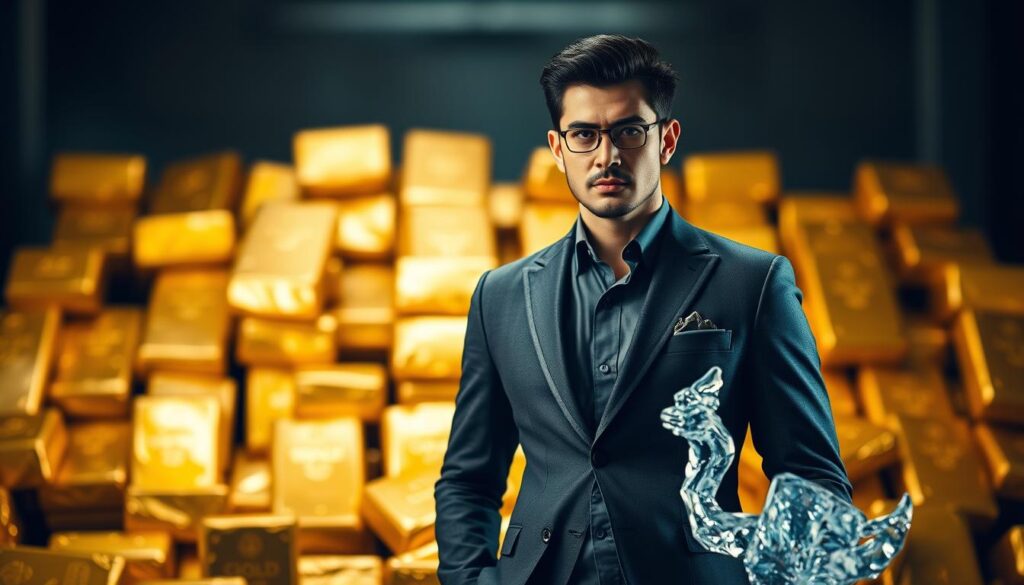 "Confident Trader with Ice Spice and Gold"